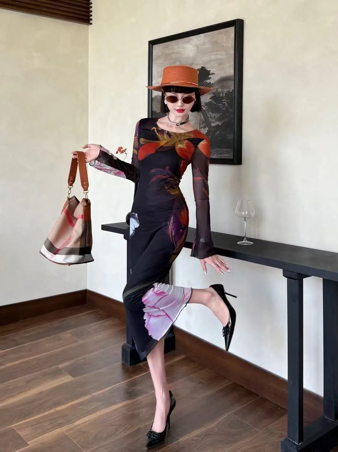 فساتين نسائية فستان موحد للخريف من الساتان واللؤلؤ مطوي ميدي مأدبة نمط فرنسي أنيق أنيق راقي رائع فني يومي #6