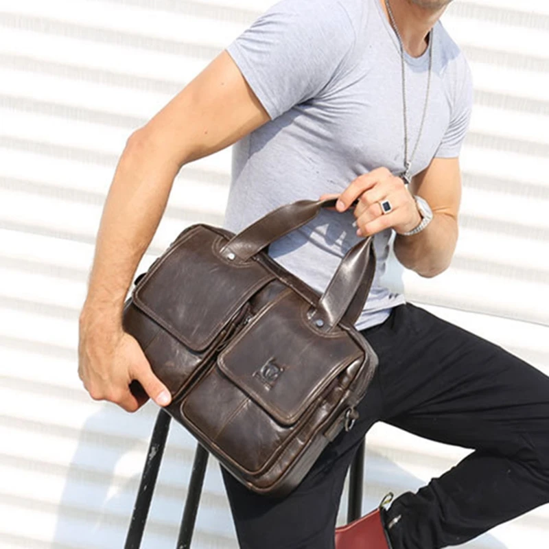 Maleta de couro real masculina, bolsa de ombro casual, bolsa mensageiro, bolsa de trabalho, escritório, luva de laptop de 14\