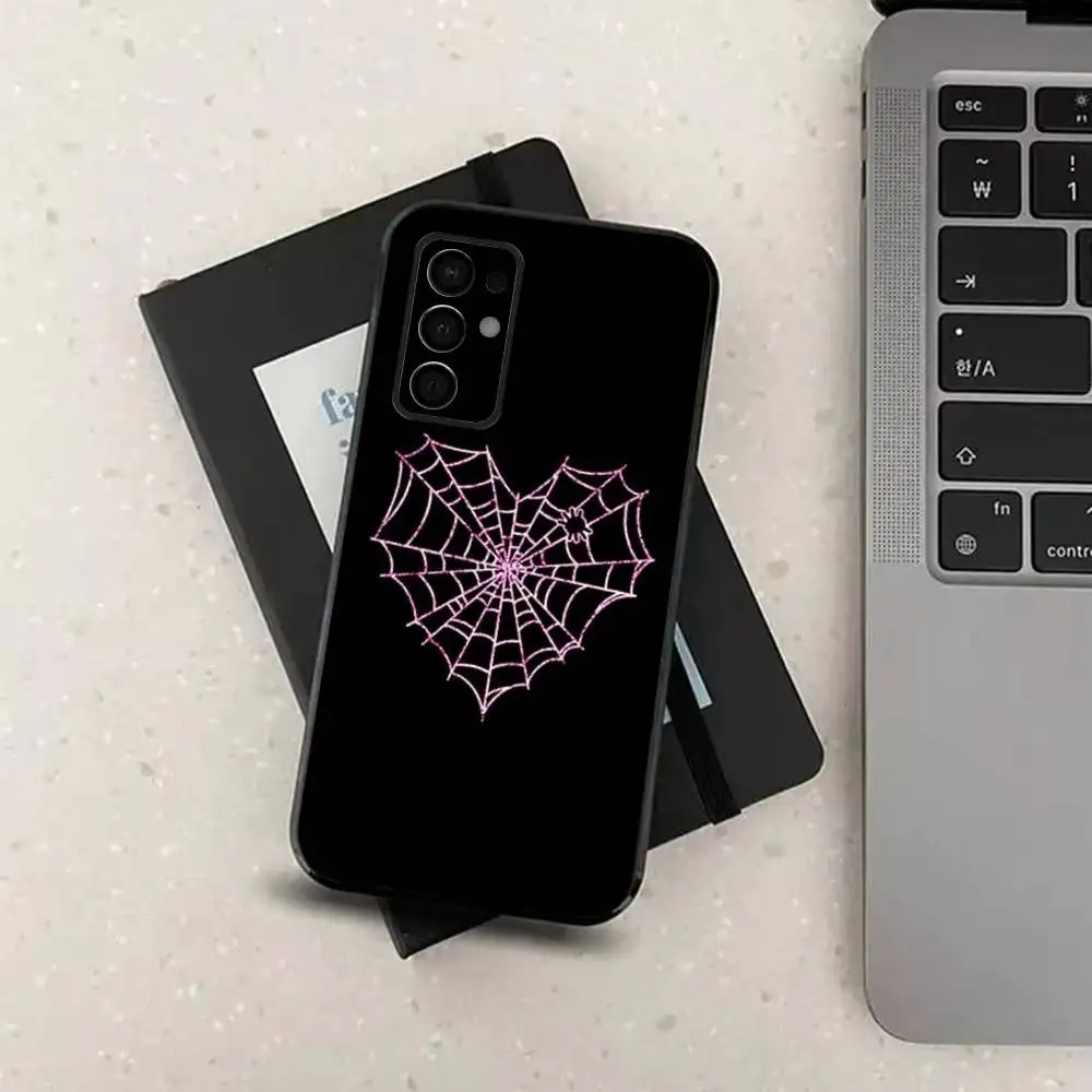 Heart Spider Webเคสโทรศัพท์เย็นสําหรับSamsung Galaxy A91,A80,A73,A72 ,A71,A53A52,A32 ,A31A22,A21s,A20,ปกสีดํา