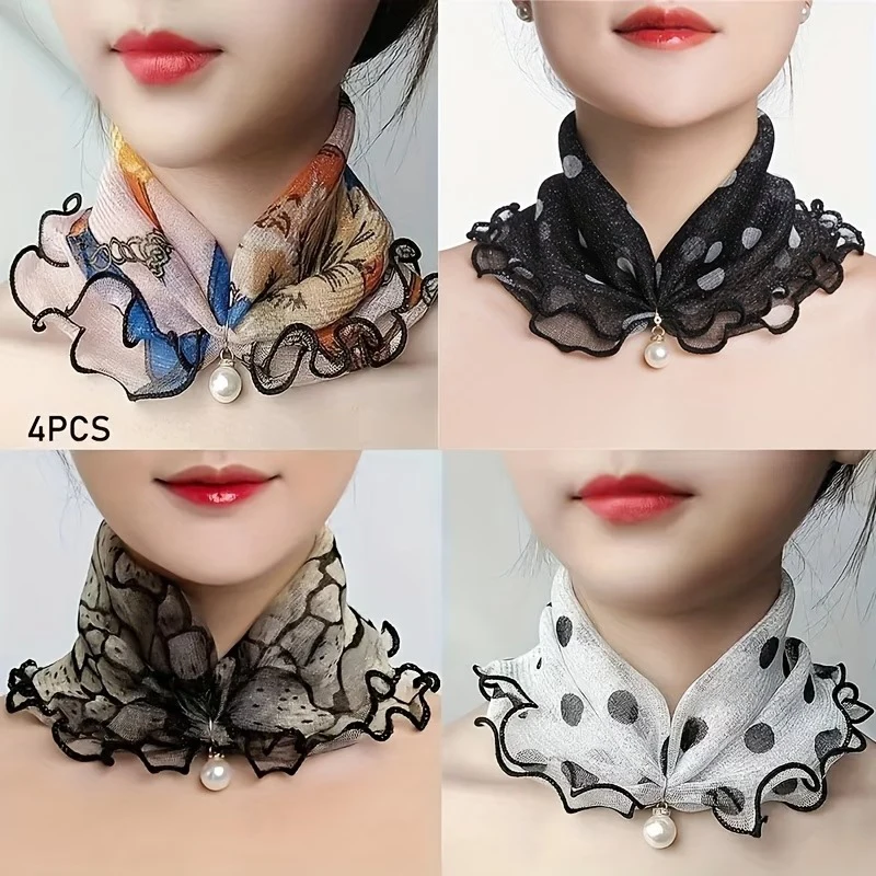 

4pcs Bohemian Printed Mesh Neck Scarf for Women Breathable Elastic Floral Scarf with Imitation Pendant & Ruffle Edge for Women