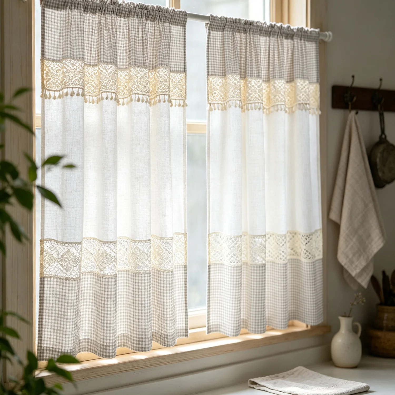Vintage Plaid Boho Curtains with Crochet Tassels, Faux Linen Light Filtering Curtains With Rod Pocket, for Living Room Bedroom