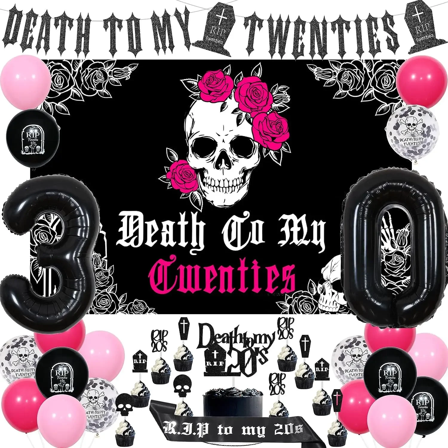 

Gothic Death To My Twenties Backdrop Banner Cake Topper, Funeral Supplies, Birthday Party Decorations, Rip To My 20s