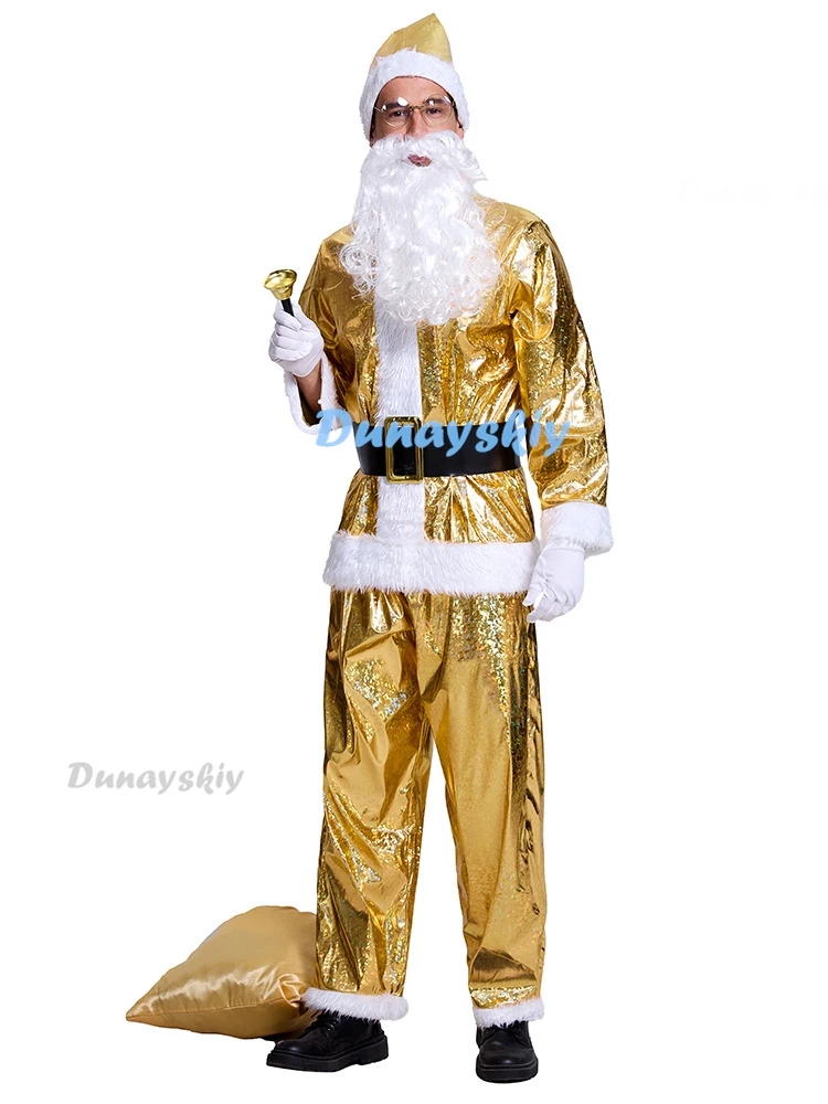 Gold Christmas Santa Claus Costume Men Gold Beard Top Cloth Pants Hat Belt Beard Halloween Dress Up Suit Cosplay Festival Outfit