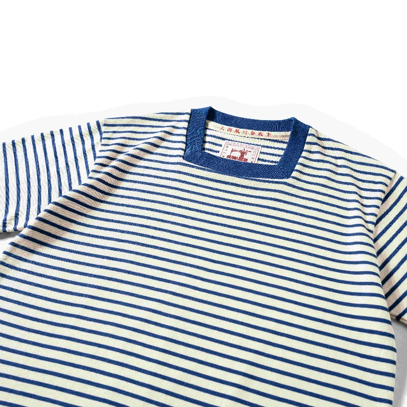 Washed Retro Sea Soul Breton Striped T Shirt Men Heavyweight Original Square Neck Short Sleeve Casual