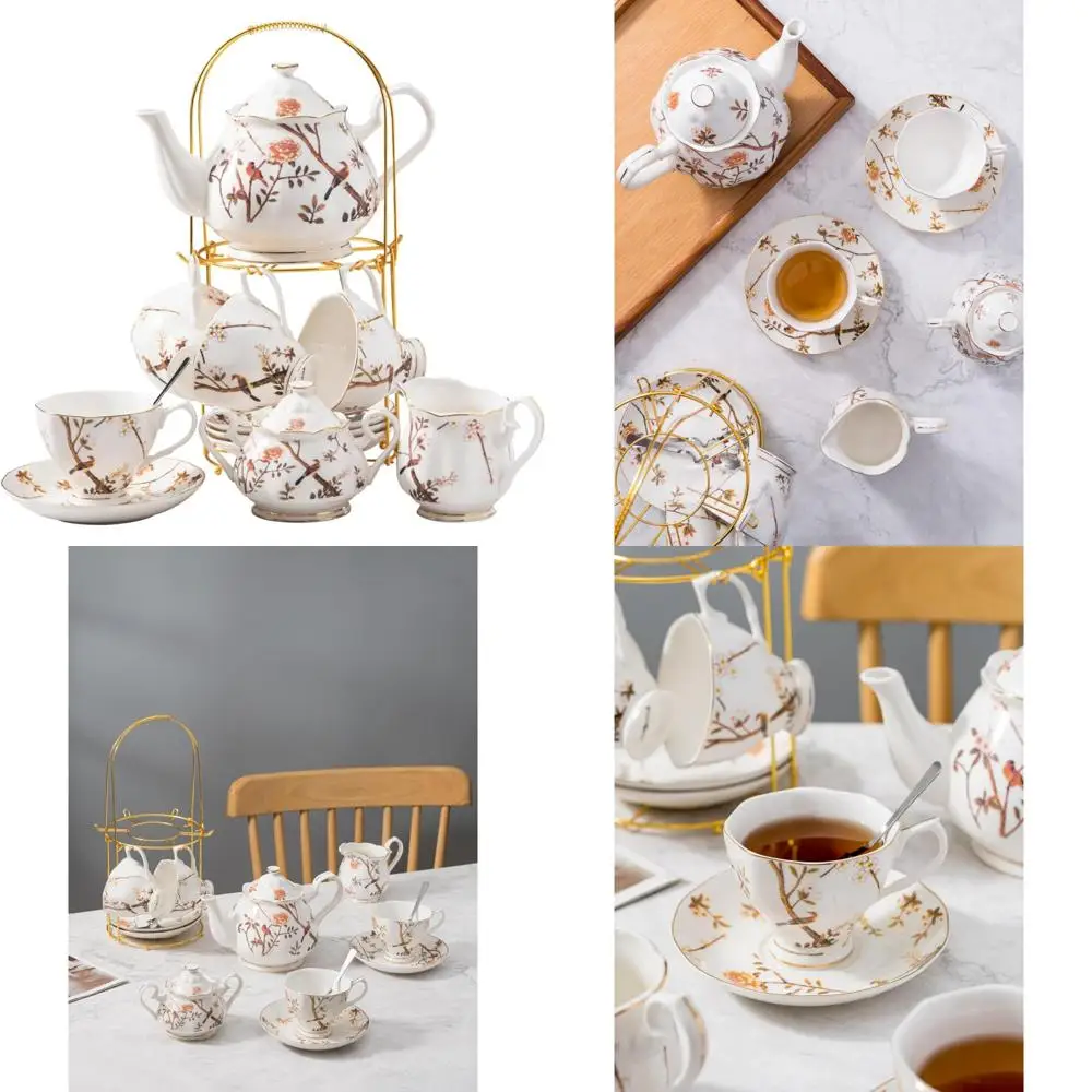 

Изысканный китайский набор для кофе и чайных чашек с рисунком птичьего дерева, чашки и блюдца на 8 унций на 4 чашки, в комплект входит чайник, сахарница, кувшин для крема, Elega