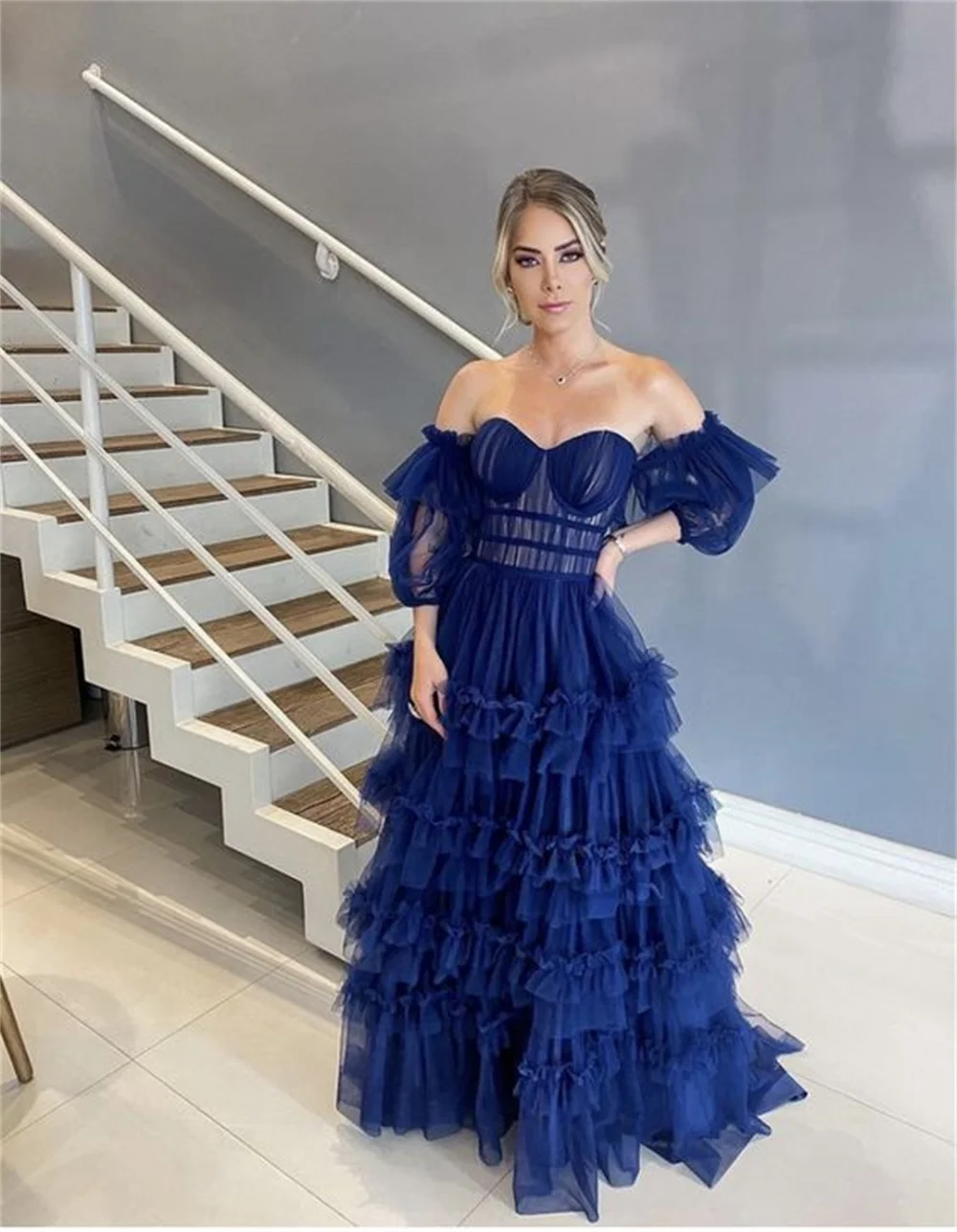 Sansa Sexy Navy Blue Edge Curl Prom Dress Luxury Multilayer Puffy فساتين سهره فاخره 2023 Elegant Off Shoulder Vestidos De Noche