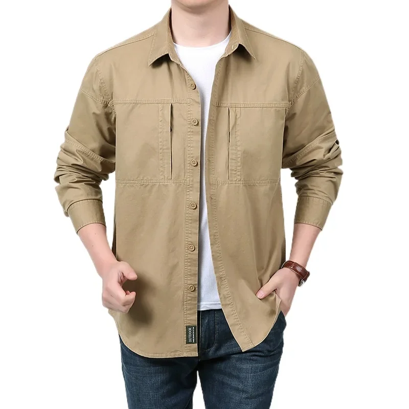 

Men's long sleeved pure cotton casual solid color shirt safari style jacket Men's clothing Oversized t-shirt for Men