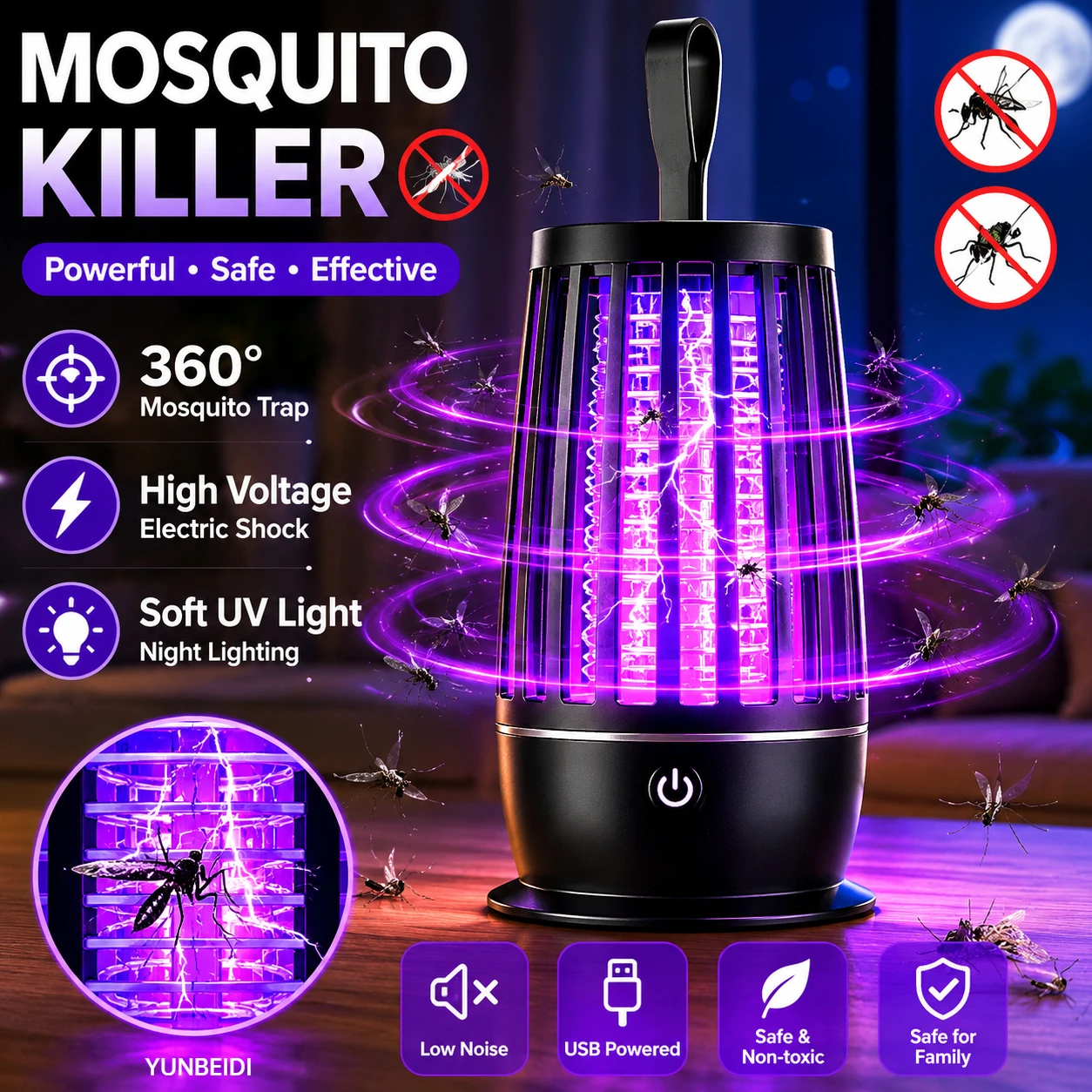 Image of Mückenkiller-Lampe 2-in-1 UV-Mückenfalle Leises Nachtlicht USB-Aufladbare Insektenfalle Outdoor-Mückenkiller-Lampe