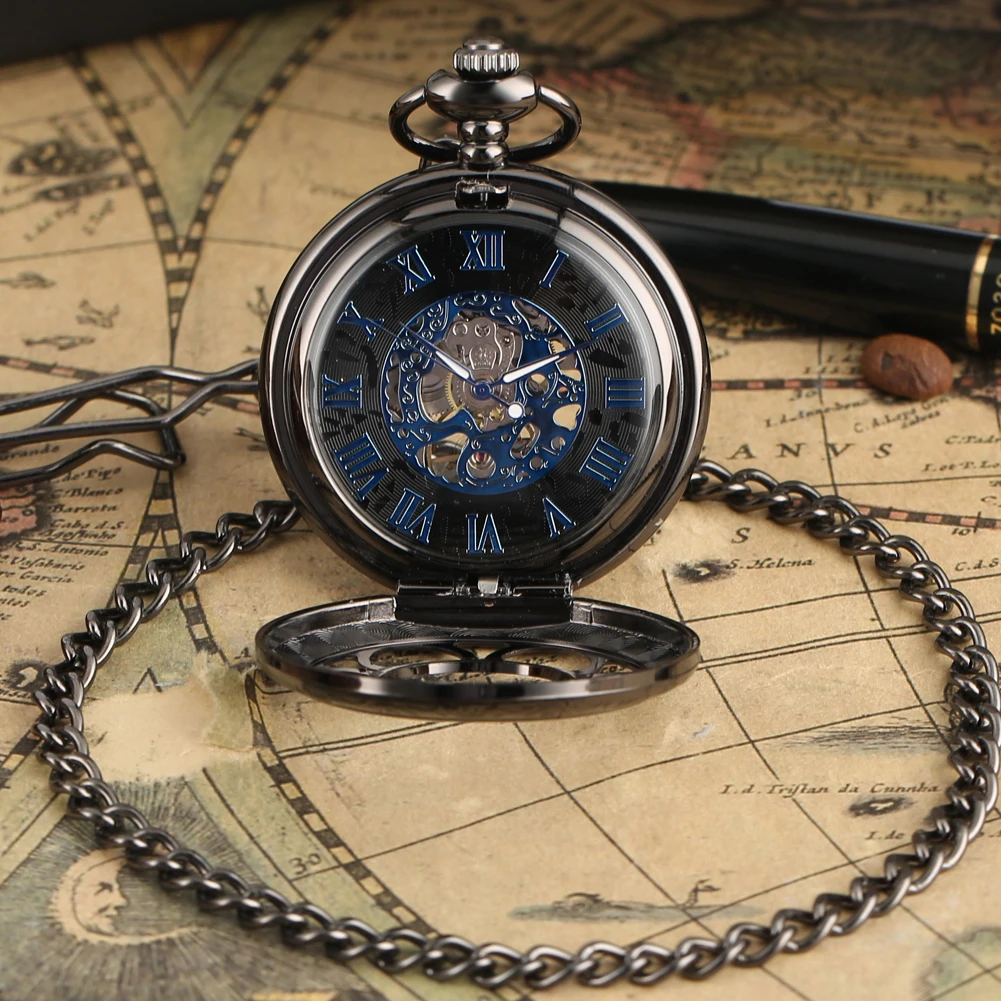 Retro Blue Roman Numerals Dial Hollow Black Mechanical Hand Winding Pocket Watch Vintage Stylish Fob Chain Pendant Clock Gifts