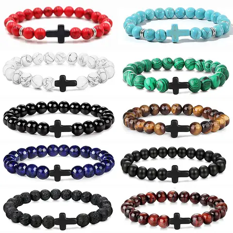 Pulsera cruzada con cuentas de piedra Natural para hombre, pulsera de meditación de ónix, joyería de Yoga para mujer, pulseras con cuentas de turquesa y Lava