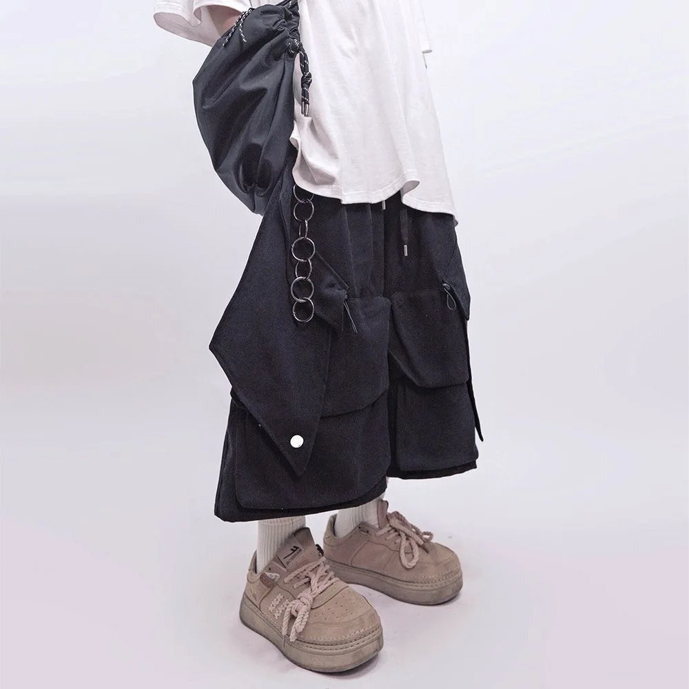 ARENS Men Multi Pocket Cargo Shorts Wide Leg Loose Streetwear Hip Hop Retro Fashion Trousers High Street Sportwear