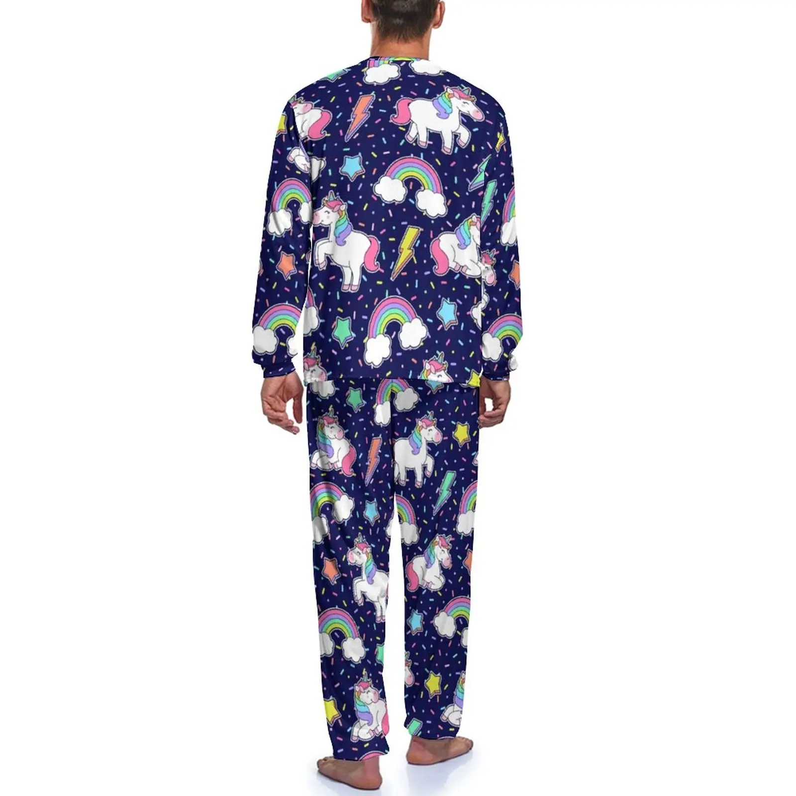 Pijama de unicornio para hombre, ropa de dormir de manga larga, con diseño de estrellas, arcoíris, Kawaii, para uso diario, 2 piezas