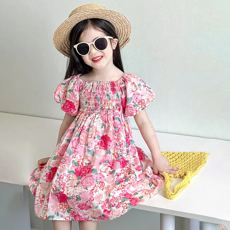 

Summer Dress Flower Print Baby Girl Clothes Pink Party Dresses For Girls Beach Girl Birthday Christening Girl Children's Dress