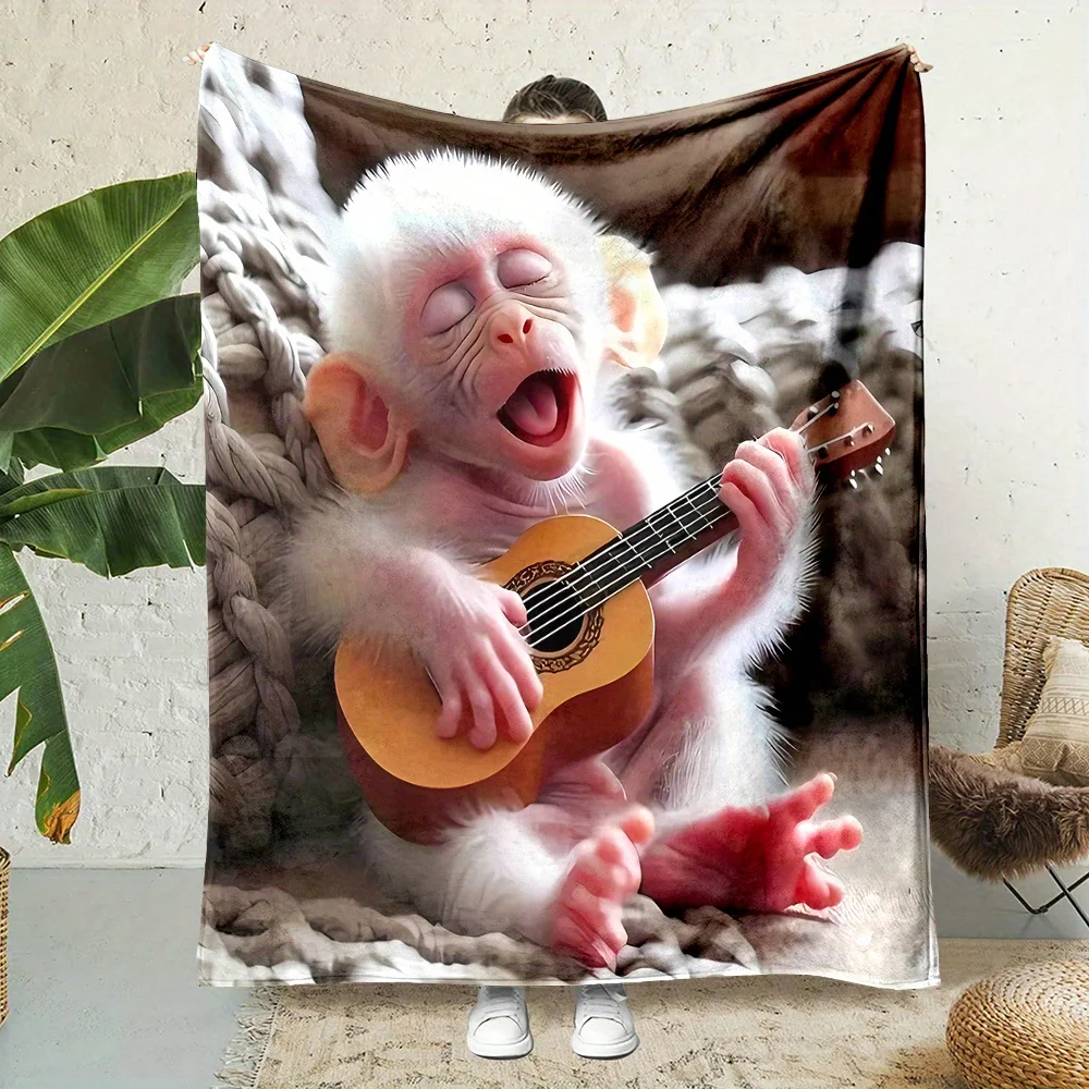 Cute Style Pattern: Adorable Guitar-Playing Monkey Print, Universal Small Nap Blanket for Office Use, Family Blanket, Gift for F