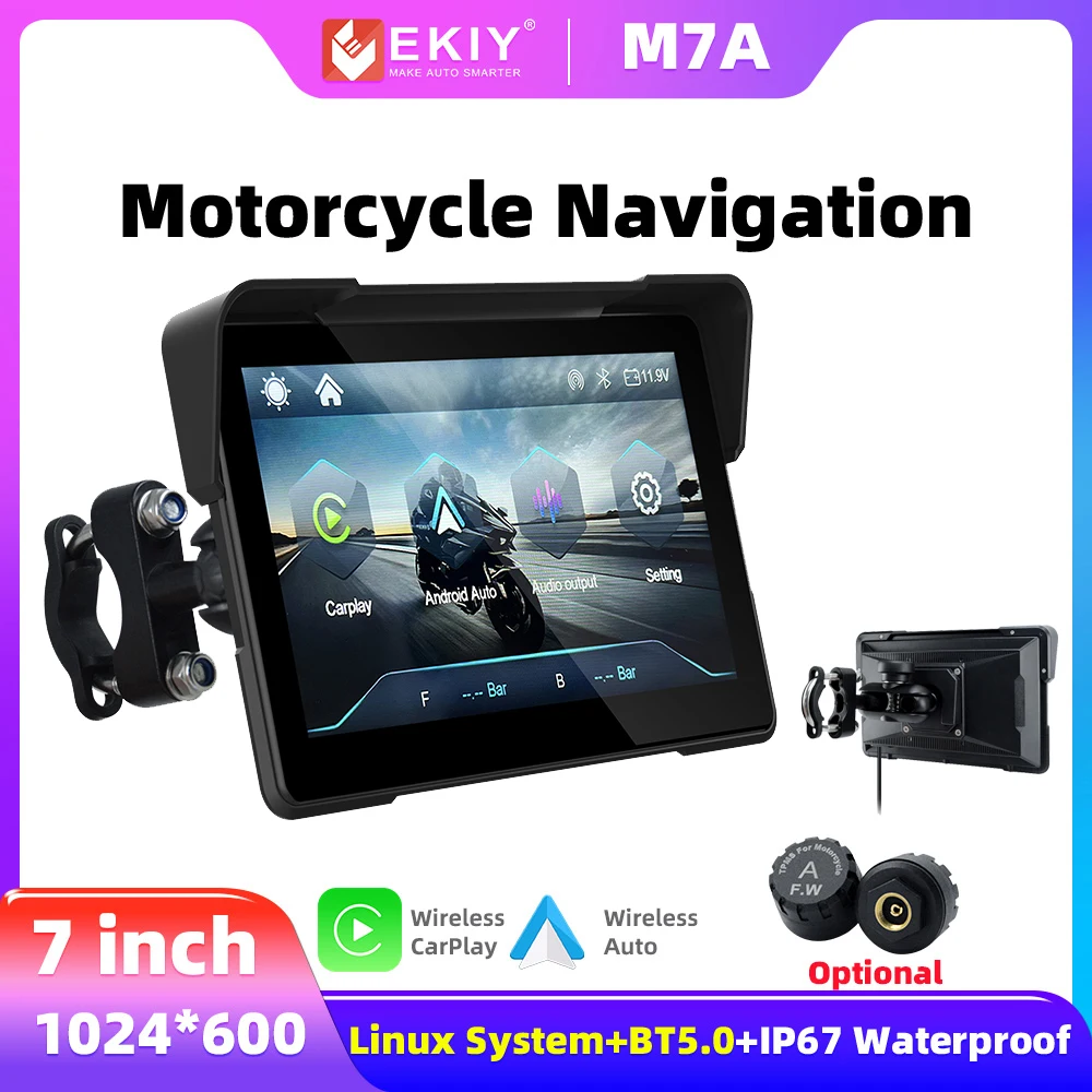 EKIY 7 inch Wireless Android Auto Carplay Rotatable Motorcycle Display Screen GPS Navigation Waterproof IPX67 Monitor TPMS