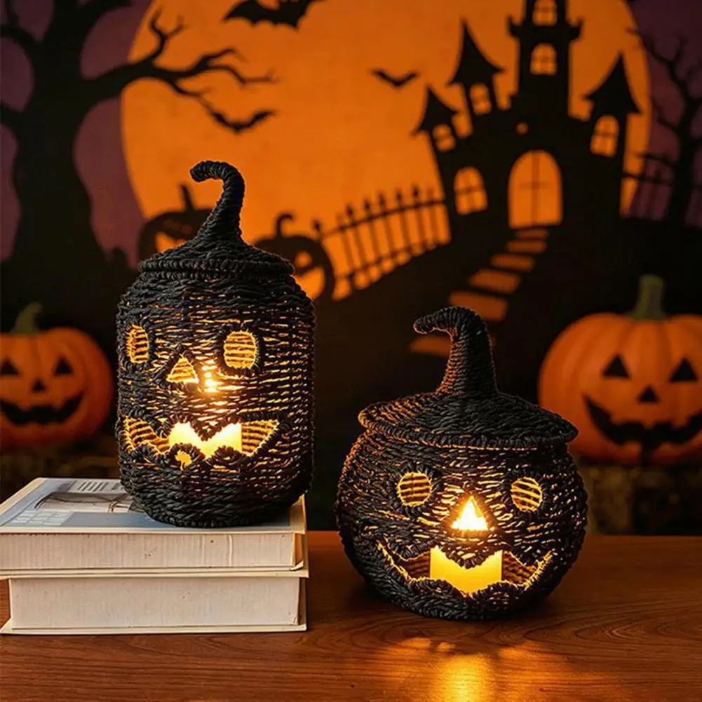Halloween Table Centerpiece Handwoven Pumpkin Lantern with Lid Vintage Rustic Halloween Decor Jar Hollow Smile Face for Party