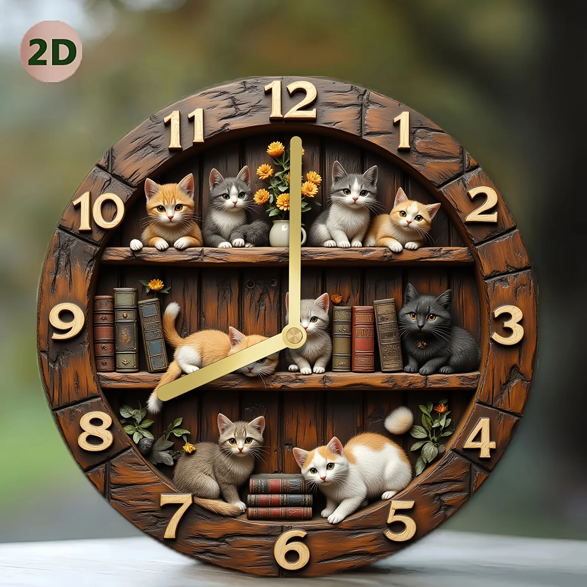 Silent Wall Clock with Cute Kitten & Bookshelf Design -  Large Yellow Hands, Black Arabic Numerals, - (Low Voltage) Room Decor,