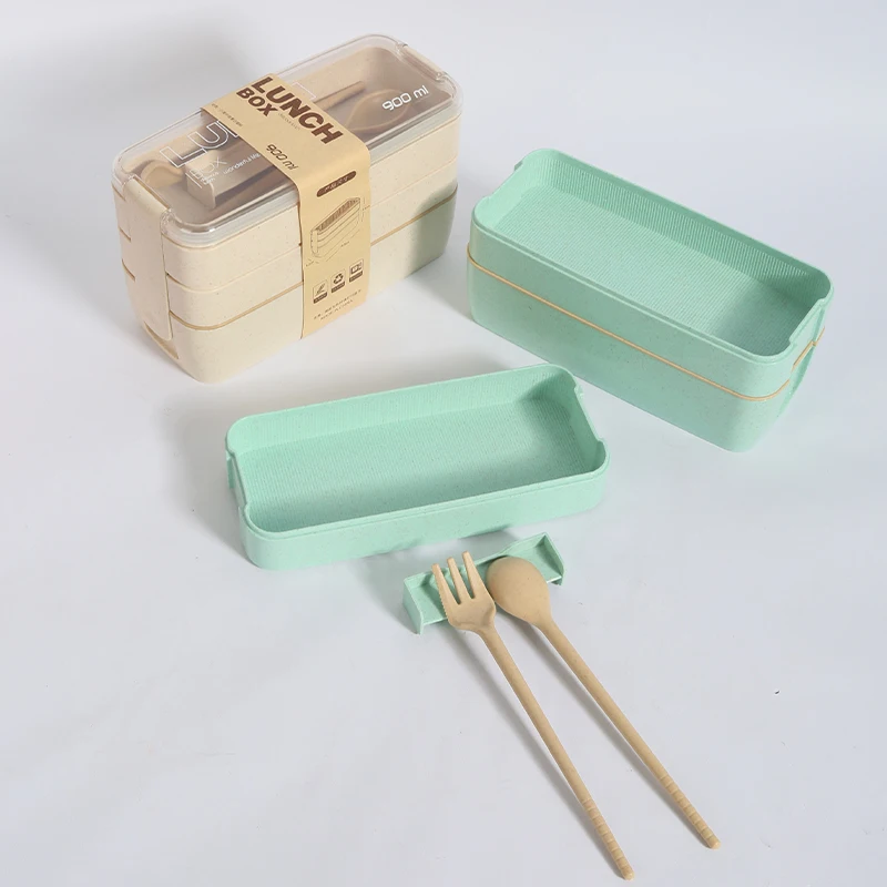 1pc Square Three Wheat Straw Fibre Plastic Lunch Box Students Adult Lunch Box With Cutlery