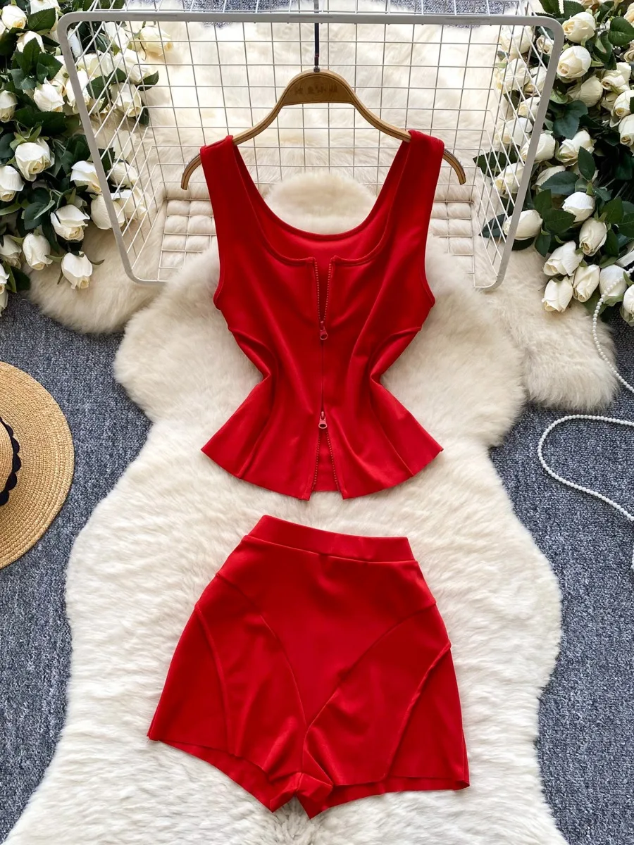 

Foamlina Модный жилет на молнии с лямкой на шее + мини-короткие брюки комплект из двух предметов High Street сексуальный облегающий облегающий повседневный наряд