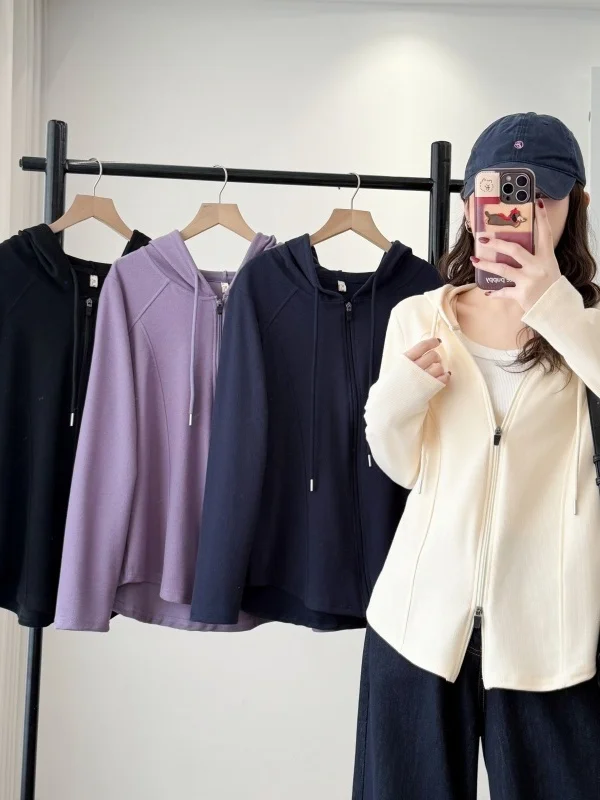 

plus Size Thin Casual Hooded Zipper Sweatshirt Women Slimming Belly Covering Long Sleeve Open Cardigan Spring 2026 New Style