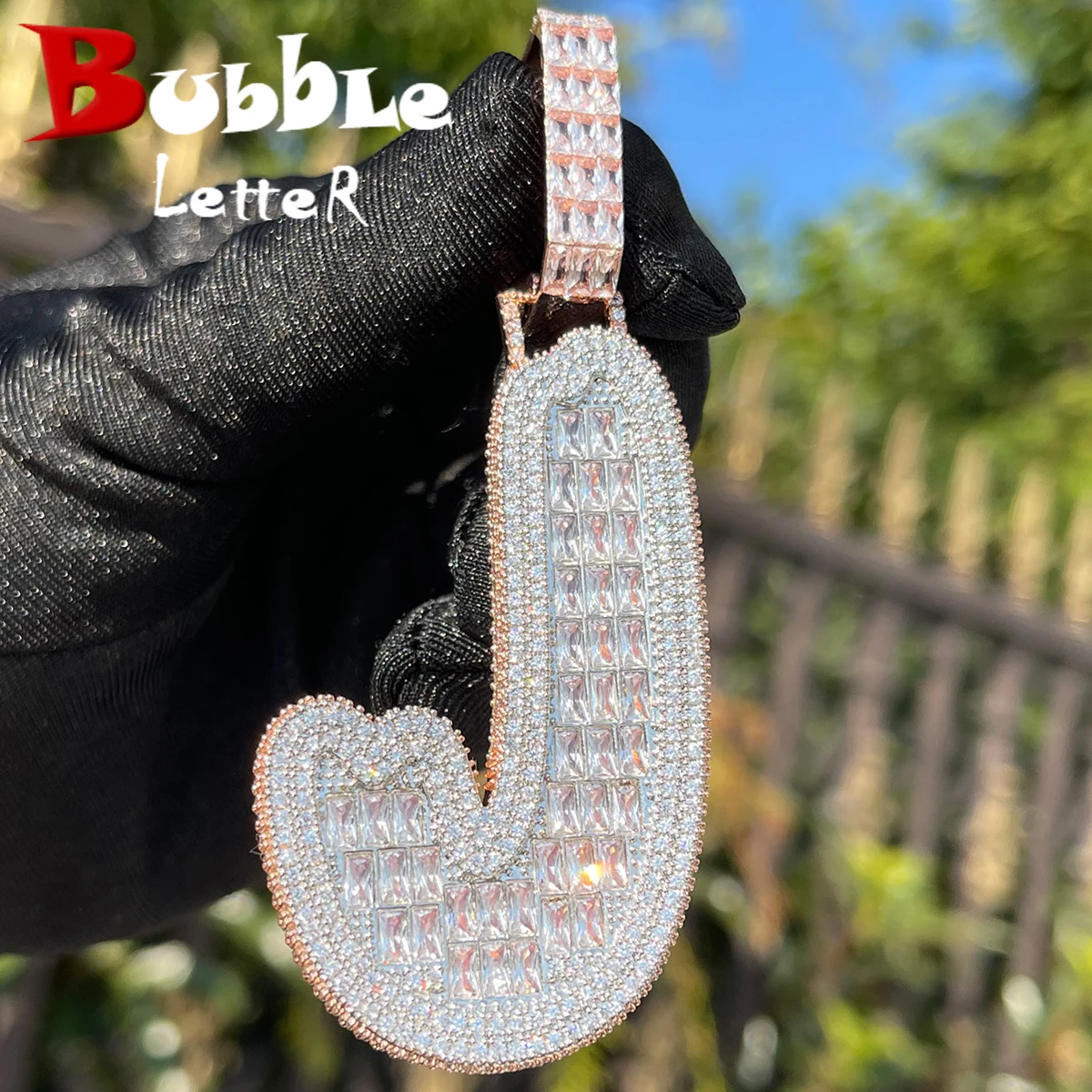 

Bubble Letter Baguette Initial Cursive Jewelry Iced Out Pendant Prong Setting Made By Hand Customized Name Necklace for Men