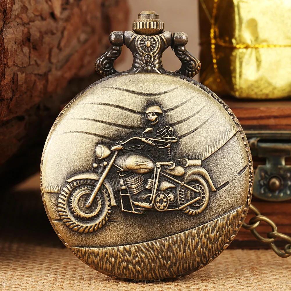 Bronze Skull Riding Motorcycle Quartz Pocket Watch Steampunk Vintage Necklace Fob Chain Pendant Antique Pocket Timepiece Gift