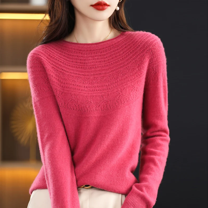 100% wool cashmere sweater women\'s sweater round neck hollow long sleeve pullover warm pullover in autumn and winter