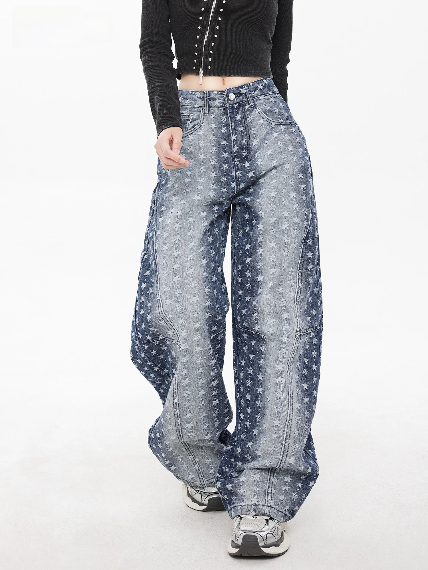 

Blue Loose Wide Leg Jeans Women's Casual Star Embroidery Color Block Design Jeans Loose Fit Comfortable Straight Leg Trousers