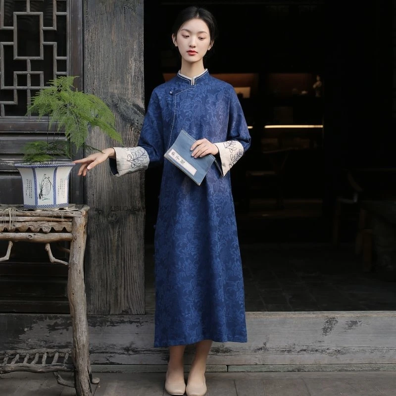 Traditional Vintage Qipao National Cotton Linen Folk Dress Chinese Improved Jacquard Cheongsam Embroidery Retro Zen Clothes - Image 2