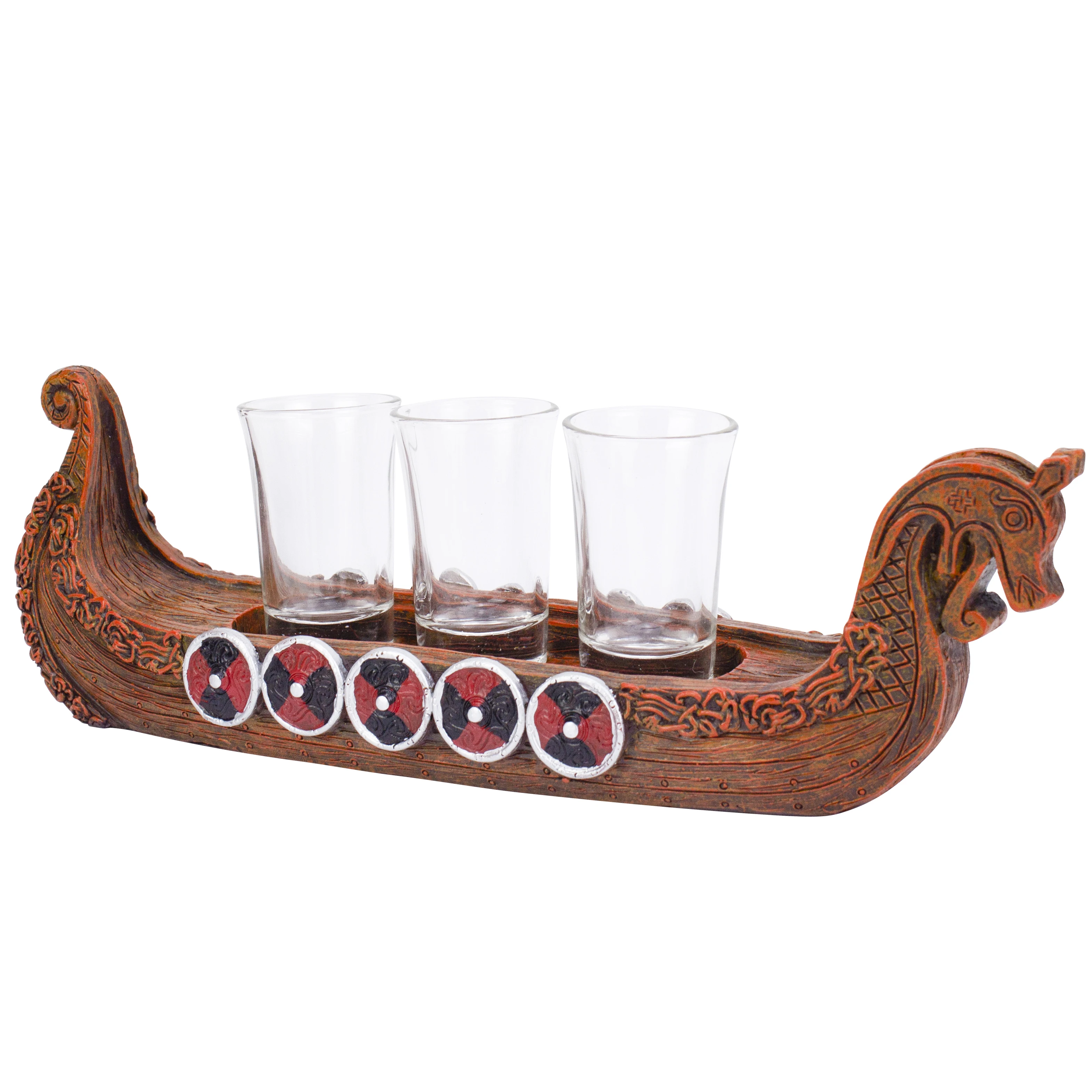 Viking Ship with Shot Glasses Glass Holder 3 Piece Set New Viking