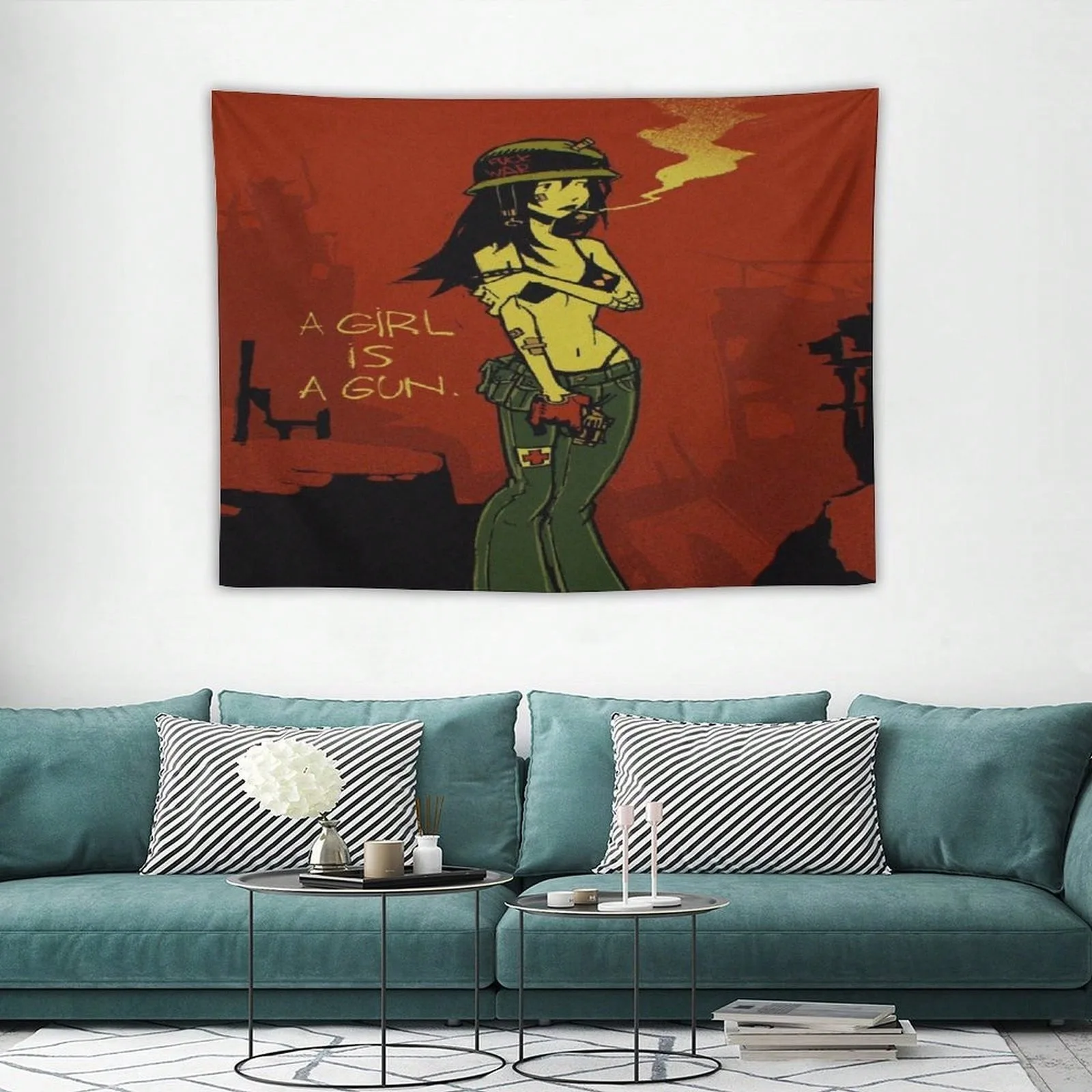 1pc A Girl Is A Gun Anime Tapestry Polyester Wall Hanging Retro Punk Girl Print Banner Home Decor Backdrop for Bedroom Dorm Livi