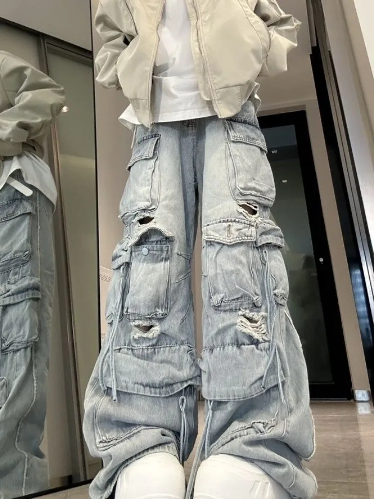 

American Vintage Street Hole Jeans for Women Y2k Loose Straight Wide Leg Pants 2025 Early Autumn New Blue Denim Pants
