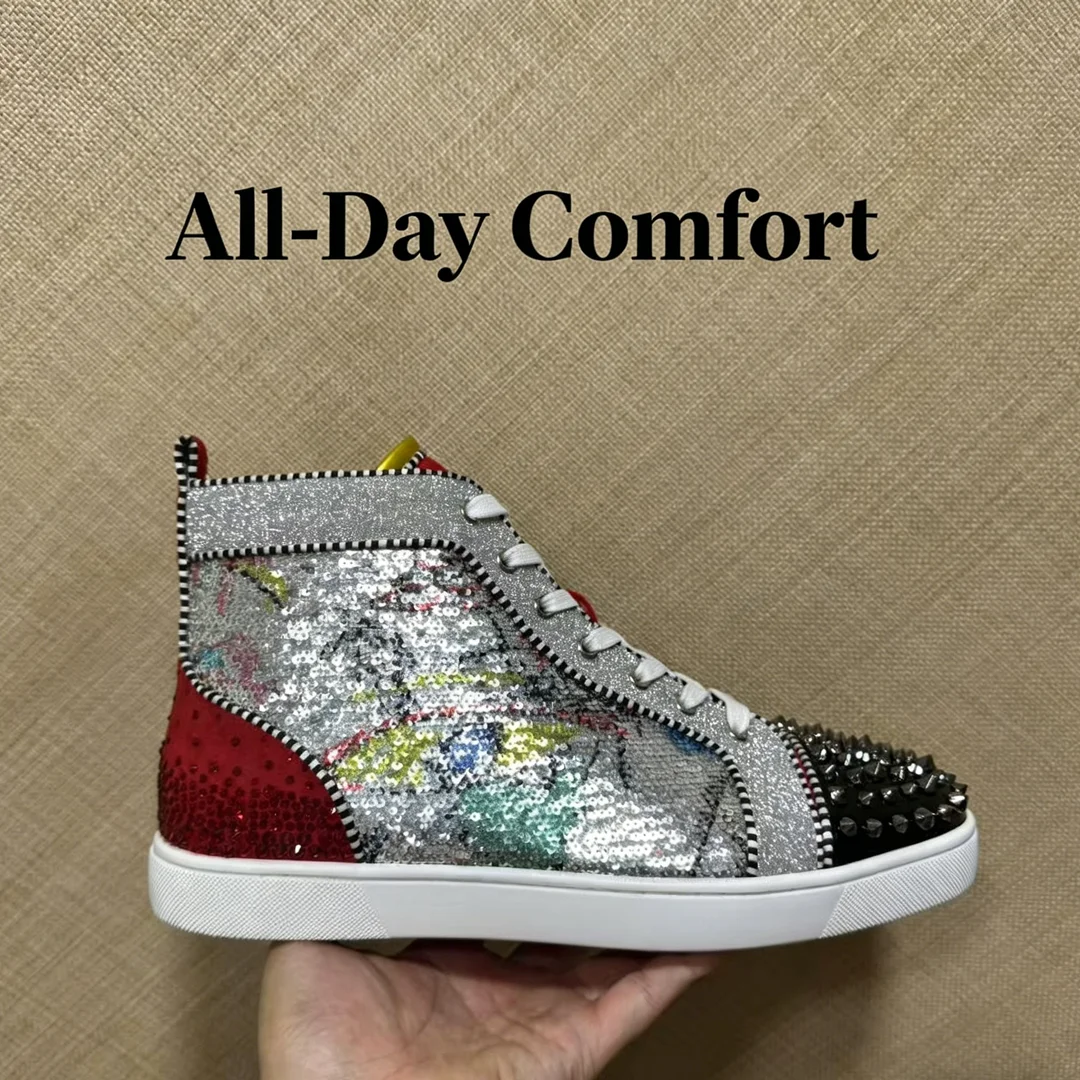 Luxury Men's Graffiti Sequin High Top Sneakers with Studded Toe for Party Streetwear  Casual Footwear Plus Size