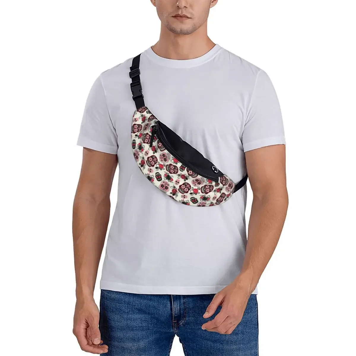 Calavera Skulls Flower Fanny Pack Women Men Fashion Mexican Floral Crossbody Waist Bag for Travel Phone Money Pouch