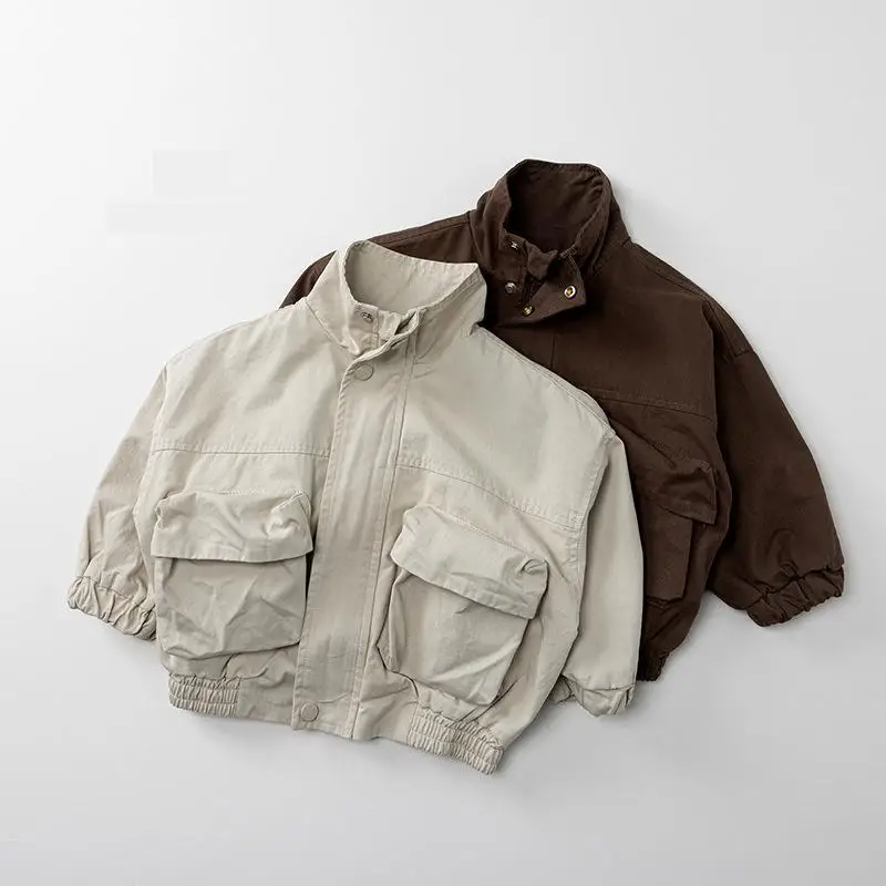 

2026 Autumn New Children Casual Coat Girls Zipper Jacket Solid Baby Loose Outerwear Cotton Boys Work Coat Kids Clothes