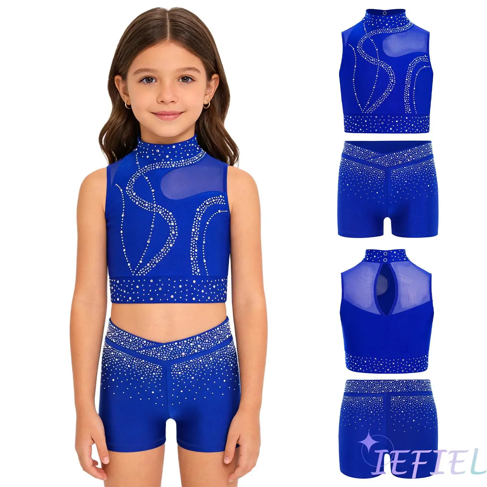 Kids Girl Gymnastics Dance Outfit Mock Neck Sleeveless Keyhole Back Mesh Patchwork Crop Top with V-Front Shorts Ballet Dancewear