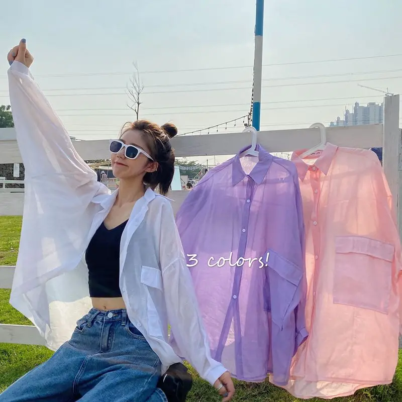 EBAIHUI Summer New Thin Sun Protection Shirt Large Pocket Design Oversized Style Women's Blouse Korean Solid Loose Blusas Coat