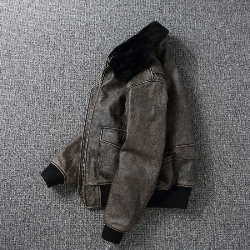 سترة بومبر G1 من جلد البقر الفاخر للرجال، سترة طيران كبيرة الحجم مبطنة بالقطن مع ياقة قابلة للطي #4