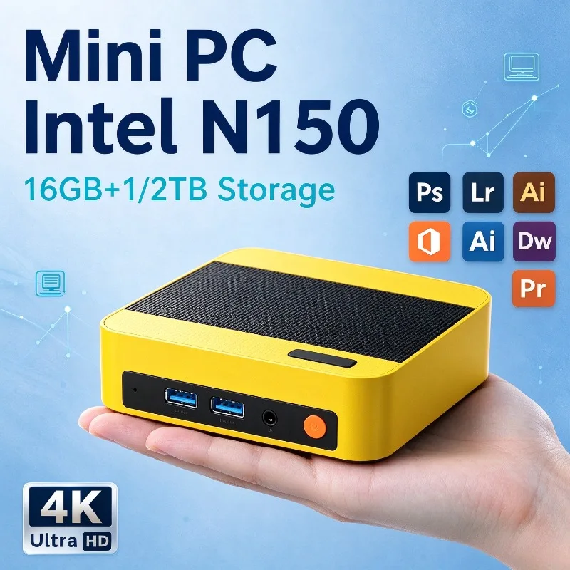 Compact Desktop Office Home Media Editing Mini PC Core N150 Ultra Fast 16GB 512GB NVMe SSD Triple 4K Silent Cooling 2026