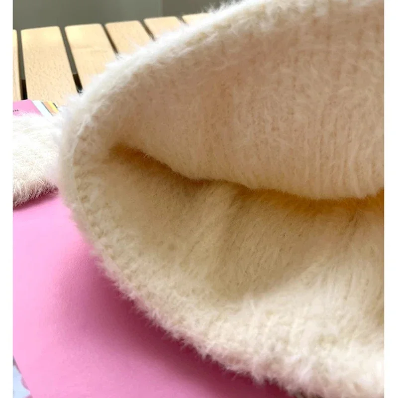 New Japanese Sweet Bow Rabbit Ear Plush Knitted Hat Women\'s Winter Plush Warm Cute Ear Protector Skull Beanie Cap Bonnet