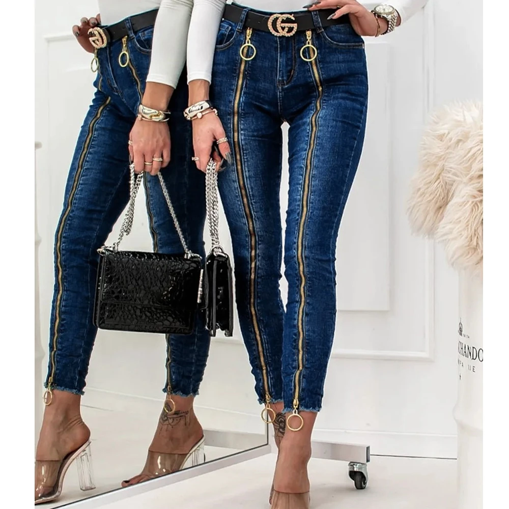 Sexy Jeans Women Summer Metal Skinny Zipper Decorations Skinny Cropped Jeans Mid Waist Dark Blue Pencil Denim Pantss