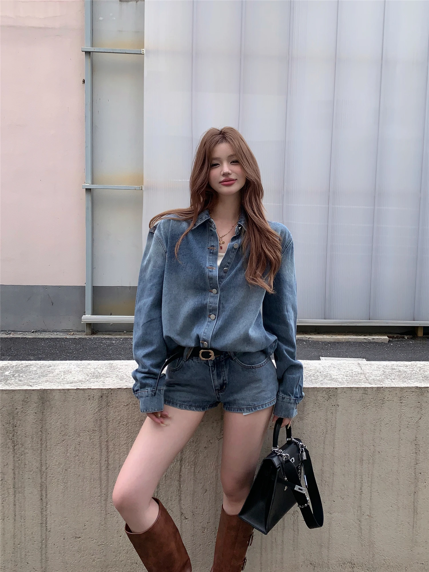 

Blue Washed Denim Shirt And Short Set Women's Fashion Slimming Spring New Arrival Two-Piece Suit Vintage Style Casual Wear