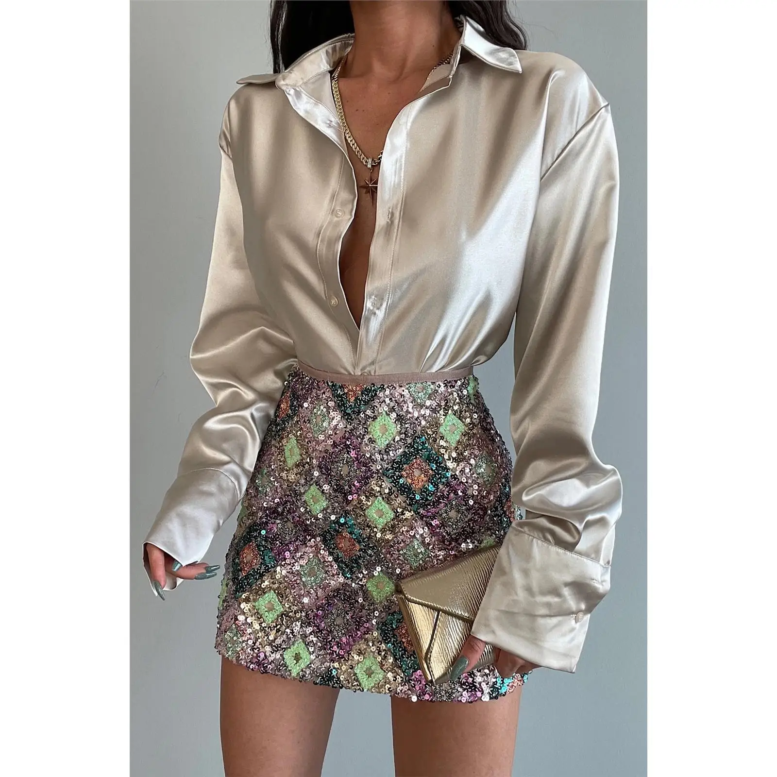 Minceur Satin irt pour femmes bouton Sle Cleanfit Polyester Long Sve a-ligne Sve mince Non extensible longue durée Lustre