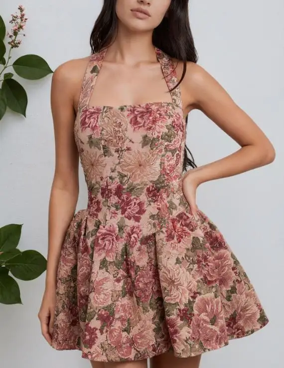 

New Sexy Women's Strapless Waist, Floral Mini Puffy Skirt, Backless Dress