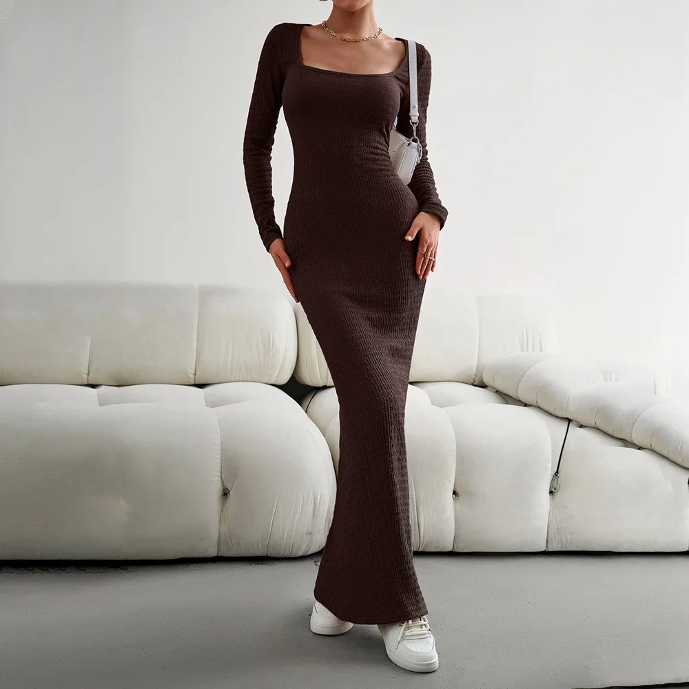 Autumn Winter Knitted Dress Women 2023 Elegant A-line Long Maxi Bodycon Dresses Female Casual Black Ribbed Maxi Robe Ladies