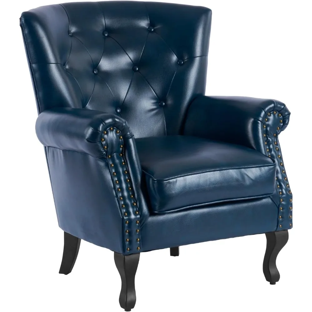 

PU Leather Accent Chair, Mid-Century Modern Armchair Living Room Club Chair with Tufted Button & Rivet Trim, Upholstered Sofa C