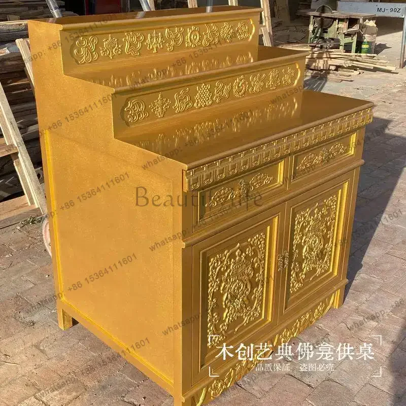 PG   tibetan style golden buddha shrine cabinet - three-tier offering table, solid wood home altar, buddhist shrine table