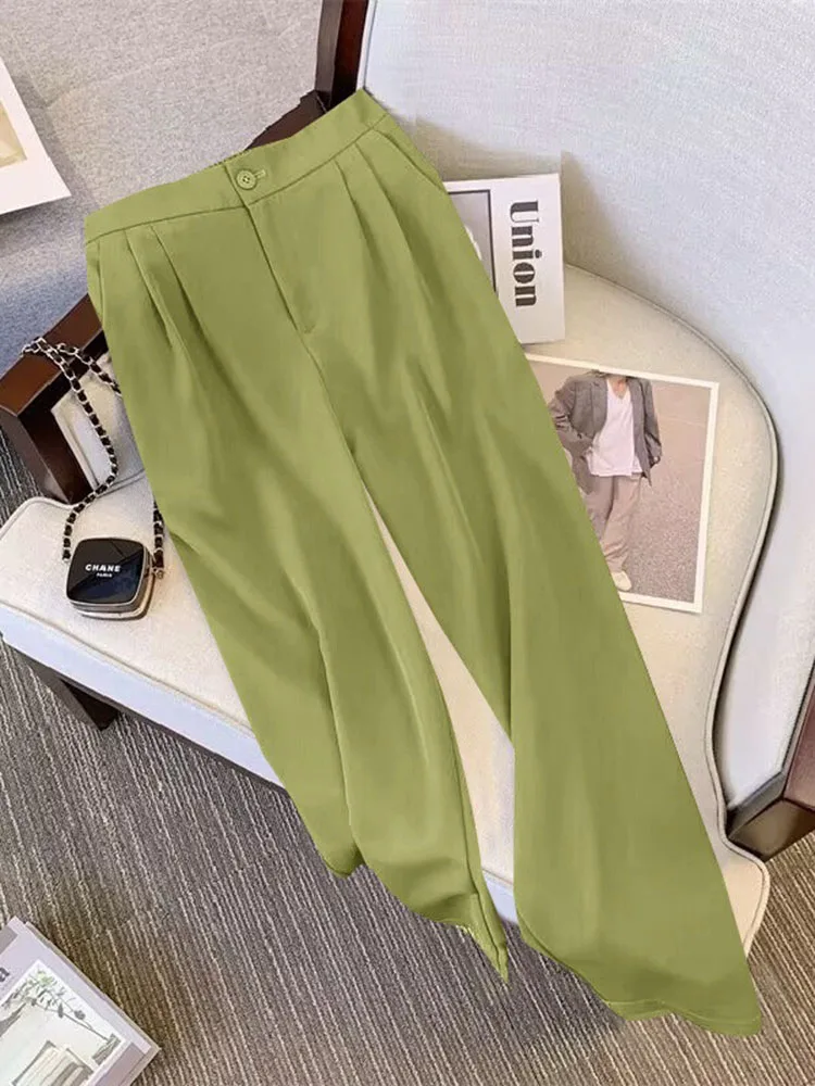 Calças femininas largas de escritório, terno de cintura alta, elegante calça larga, moletom casual de mães chiques, monocromático, coreano, novo, 2024