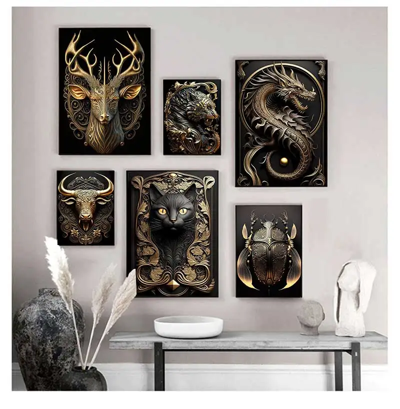 Black Gold Metal Animal Wall Art Canvas Painting King Lion Dragon Tiger Dog Poster Prints Pictures for Modern Living Room Decor