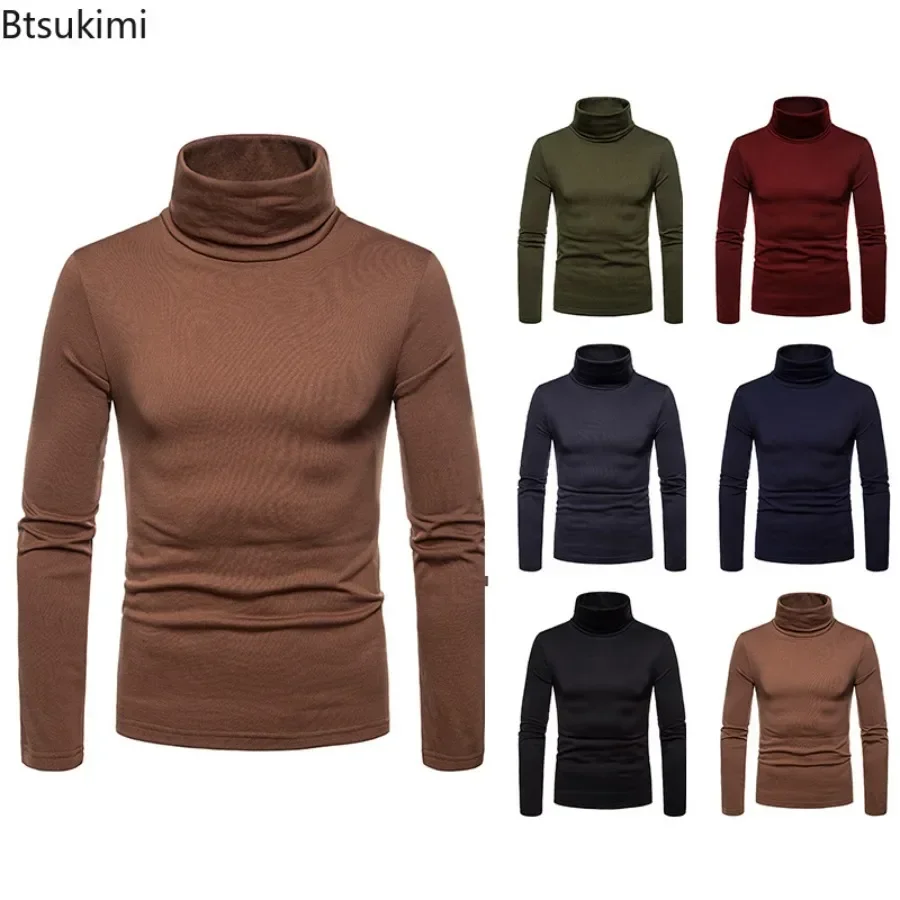 

2025 Men's Solid Turtleneck T-Shirt Fashion Slim Long Sleeve Fleece Warm Bottoming Shirt Autumn Winter Casual All Match Men Tops